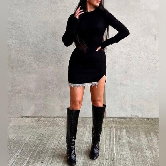 Zara BLACK SWEATER KNIT DRESS WITH HANGING RHINESTONES - Picture 8 of 12